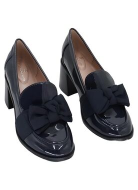 Bandolino Korrar Bow Navy Patent Block Heel Loafer Pumps Size 6.5